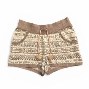 Lilka Brown & Cream Fair Isle Print Knit Shorts w/ Pom Pom Drawstrings
